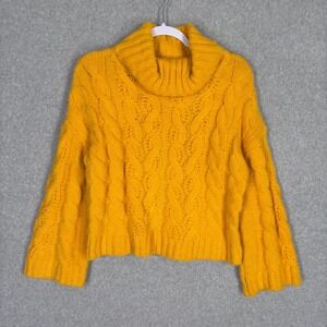 SUN MOON Cable Knit Turtleneck Sweater XS Mustard Marigold Crop Cozy Flare Bell